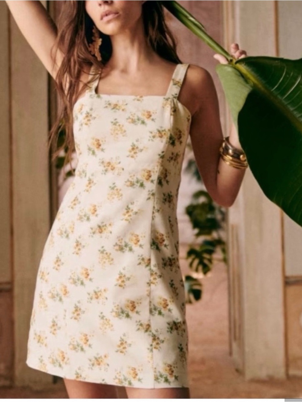 Sezane Cream Floral Square-Neck Mini Dress with Yellow Blossoms